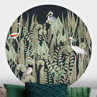 Klebefieber Runde Fototapete selbstklebend Flamingo und Storch mit Pflanzen auf Grün