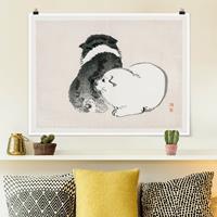 Klebefieber Poster Asiatische Vintage Zeichnung Schwarze und weiße Hündchen