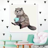 Klebefieber Poster Illustration Biber mit Kaffeetasse