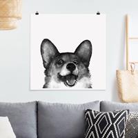 Klebefieber Poster Illustration Hund Corgi Weiß Schwarz Malerei