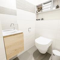 MONDIAZ OLAN Toiletmeubel 40x30x40cm met 1 kraangaten 1 lades washed oak mat Wastafel Lex links Solid Surface Wit FK75342667