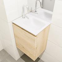 MONDIAZ OLAN Toiletmeubel 40x30x40cm met 1 kraangaten 1 lades washed oak mat Wastafel Lex rechts Solid Surface Wit FK75342669