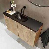 MONDIAZ TURE Toiletmeubel 80x23x50cm met 0 kraangaten 2 deuren washed oak mat Wastafel Eden midden Solid Surface Zwart FK75341634