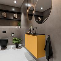 MONDIAZ TURE Toiletmeubel 80x23x50cm met 0 kraangaten 2 deuren ocher mat Wastafel Eden midden Solid Surface Zwart FK75341518