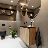 MONDIAZ TURE Toiletmeubel 80x23x50cm met 0 kraangaten 2 deuren washed oak mat Wastafel Eden links Solid Surface Zwart FK75341636