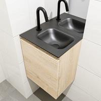 MONDIAZ OLAN Toiletmeubel 40x30x40cm met 1 kraangaten 1 lades washed oak mat Wastafel Lex rechts Solid Surface Zwart FK75343017