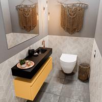 MONDIAZ ANDOR Toiletmeubel 100x30x30cm met 1 kraangaten 1 lades ocher mat Wastafel Lex rechts Solid Surface Zwart FK75343615