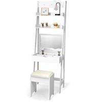 costway Make-up Set met Haken/Rek/Breed Bureaublad Kaptafel met Opklapbare Spiegel en Krukje Wit 61,5 x 40 x 180cm