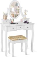 costway Kaptafel Set met 360 ° Draaibare Ovale Spiegel Make-Uptafel Kaptafel Multifunctionele Make-Up Tafel met 5 Laden (Wit)