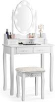 costway Kaptafelset met Ovale Spiegel en 10 Dimbare LED-lampen Klassieke Make-up-kaptafelset 75 x 40 x 146 cm Wit
