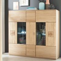 LOMADOX Wohnzimmer Highboard BADALONA-05 in Eiche Bianco massiv, Fronten abgerundet, mit Glaseinsätzen - B/H/T: 150/141/38cm
