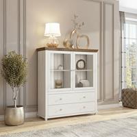LOMADOX Highboard Landhaus Design EPSOM-83 in weiß Abisko Esche Nb. mit Lefkas Eiche Nb., B/H/T: ca. 126/138/42 cm