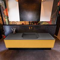 MONDIAZ ERIN 150cm badmeubelset onderkast kleur Ocher met 1 lade Wastafel RIDGE midden zonder kraangaten kleur Dark grey ERIN11915