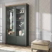 LOMADOX Vitrinenschrank Landhausstil mit Beleuchtung EPSOM-83 grün mit Lefkas Eiche Nb., B/H/T: ca. 126/200/42 cm