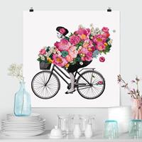 Klebefieber Poster Illustration Frau auf Fahrrad Collage bunte Blumen