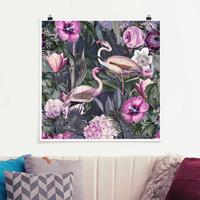 Bilderwelten Poster Bunte Collage - Pinke Flamingos im Dschungel