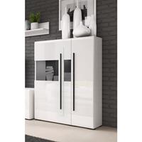 LOMADOX Highboard Vitrine weiß Hochglanz TURDA-83 modern mit Absetzungen in schwarz, B/H/T: ca. 90/136/39 cm