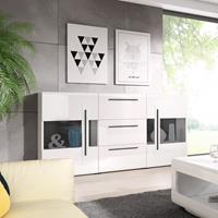 LOMADOX Sideboard Vitrine weiß Hochglanz TURDA-83 modern mit Absetzungen in schwarz, B/H/T: ca. 180/103/39 cm