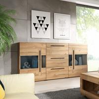 LOMADOX Sideboard Vitrine Eiche Grandson Nb. TURDA-83 modern mit Absetzungen in schwarz, B/H/T: ca. 180/103/39 cm