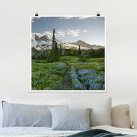 Bilderwelten Poster Blumen - Quadrat Bergblick Wiesenpfad