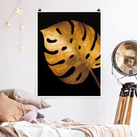Bilderwelten Poster Blumen - Hochformat Gold - Monstera auf Schwarz