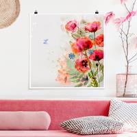 Bilderwelten Poster Blumen - Quadrat Aquarell Blumen Mohn