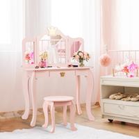 costway 2 in 1 Kinderkaptafel met Kruk en Afneembare Spiegel Meisjes Kaptafel Spiegeltafel 80x42x105cm Roze