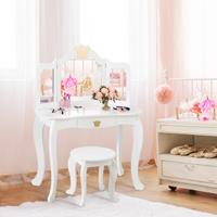 costway 2 in 1 Kaptafel Set kinderen Kaptafel Meisjes Kaptafel Houten Spiegel Tafel Wit 80x42x105cm