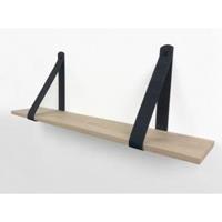 Wood Brothers Eiken 18mm wandplank recht 80 x 20 cm inclusief leren riemen zwart
