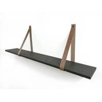 Wood Brothers Eiken 18mm wandplank recht zwart 120 x 20 cm inclusief leren riemen cognac