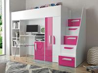 Mobistoxx Samengesteld bed PARADISIO 90x200 cm wit/hoogglans roze met trap aan de rechterzijde
