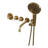 Brauer Gold Carving thermostatische inbouw badkraan SET 02 met uitloop en 3-standen handdouche en doucheslang en wandaansluitbocht goud geborsteld PVD