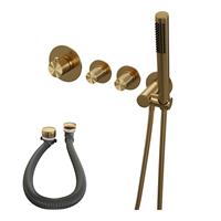 Brauer Gold Carving thermostatische inbouw badkraan SET 01 met badvulcombinatie en staaf handdouche en doucheslang en wandaansluitbocht goud geborsteld PVD