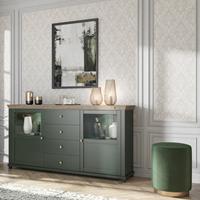 LOMADOX Sideboard mit Glaseinsätzen und LED Beleuchtung EPSOM-83 Landhaus grün mit Lefkas Eiche Nb., B/H/T: ca. 181/93/42 cm