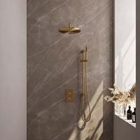 Brauer Gold Carving inbouwset met 3-weg thermostaat - hoofddouche 30cm - gebogen wandarm 40cm - staafhanddouche - glijstang met aansluitbocht - geborsteld goud PVD