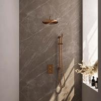 Brauer Copper Carving inbouwset met 3-weg thermostaat - hoofddouche 30cm - gebogen wandarm 40cm - staafhanddouche - glijstang met aansluitbocht - geborsteld koper PVD