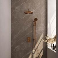 Brauer Copper Carving inbouwset met 3-weg thermostaat - hoofddouche 30cm - gebogen wandarm 40cm - ronde 3-standen handdouche - glijstang met aansluitbocht - geborsteld koper PVD