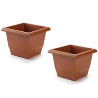 Forte Plastics 2x stuks plantenbak terra cotta 26 x 26 x 20 cm - Bloembak vierkant van kunststof - Binnenmaat 25 cm