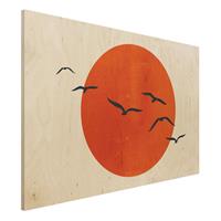 Bilderwelten Holzbild Vogelschwarm vor roter Sonne I