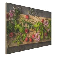 Bilderwelten Holzbild Blumen - Querformat 3:2 Blumen Himbeeren Minze