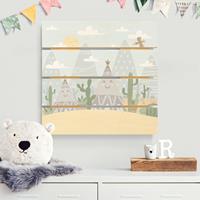 Bilderwelten Holzbild Plankenoptik Kidnerzimmer - Quadrat Indianerzelt mit Kakteen
