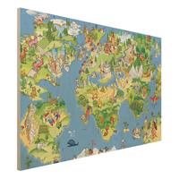 Bilderwelten Holzbild Weltkarte - Querformat 3:2 Great and Funny Worldmap