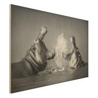 Bilderwelten Holzbild Schwarz-WeiÃŸ - Querformat 3:2 Hippo Fight