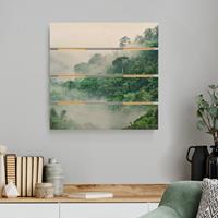 Bilderwelten Holzbild Plankenoptik Blumen - Quadrat Dschungel im Nebel
