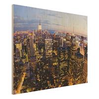 Bilderwelten Holzbild Architektur & Skyline - Querformat 4:3 New York Skyline bei Nacht
