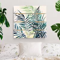 Bilderwelten Holzbild Plankenoptik Blumen - Quadrat Exotisches Blattwerk - Palme