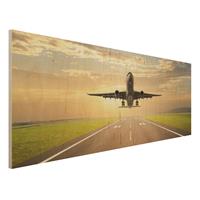 Bilderwelten Holzbild Natur & Landschaft - Panorama Startendes Flugzeug