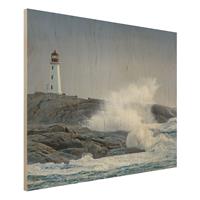 Bilderwelten Holzbild Natur & Landschaft - Querformat 4:3 Sturmwellen am Leuchtturm
