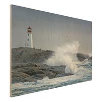 Bilderwelten Holzbild Natur & Landschaft - Querformat 3:2 Sturmwellen am Leuchtturm