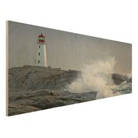 Bilderwelten Holzbild Natur & Landschaft - Panorama Sturmwellen am Leuchtturm